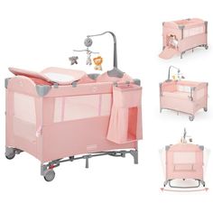 the baby crib is pink and has four different sections