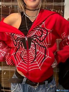 Orcajump - Y2K Spider Print Zip Up Hoodie, Long Sleeve Hoodies Sweatshirt, Women's Clothing Spiderman Sweatshirt, Pinterest Wardrobe, Cute Hoodies, Plus Size Halloween, Sweatshirt Women, Round Neck Sweatshirts, House Furniture, Zip Up Hoodies, Christmas Morning