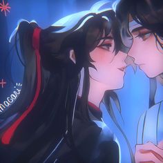 two anime characters kissing each other in front of a blue background