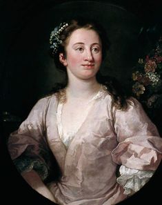 a painting of a woman in a pink dress with flowers on her head and shoulders