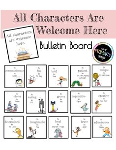 an all characters are welcome here bulletin board with pictures and captions for each character