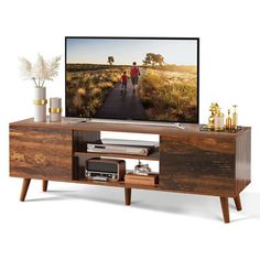 a flat screen tv sitting on top of a wooden entertainment center next to a plant