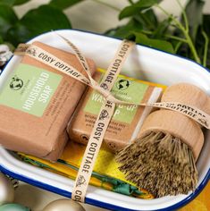 some shaving supplies are sitting in a bowl