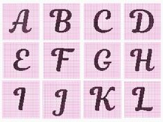 cross stitch alphabets with the letters and numbers in black on pink squares, each letter has