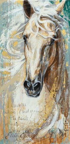 a painting of a horse with words written on it's face and manes