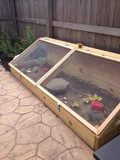 an outdoor area with a large bird cage and small birds in the back ground next to a wooden fence