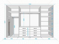 the measurements for a closet with drawers and shelves