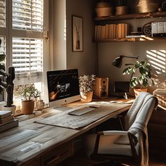 a desk with a computer, books and plants on it in front of a window