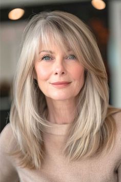 Hair Women Over 40 Long, Medium Length Hair Frame Face, Long Hair 50 Year Old Women Brown, Marla Maples Hair, Haircuts For Medium Thick Hair, Hair Cuts With Side Bangs, Side Swept Layers, Long Hair For Women Over 50, Hair Styles For 40 Year Old Women