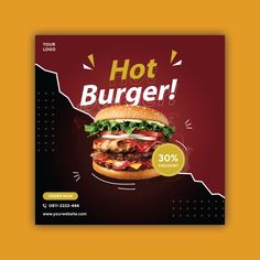 a poster for a burger restaurant with an image of a large hamburger on it's side