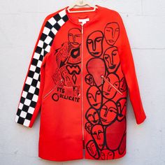 Red Longline Jacket with Abstract Hand-Painted Details Size S - "Graff– Smells Like Crime Hand Painted Blazer, Jacket Painting, Hand Painted Leather Jacket, Longline Jacket, Simpsons Art, Artsy Outfit, Thrift Flip