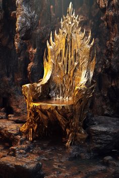 a golden throne sitting on top of a pile of rocks