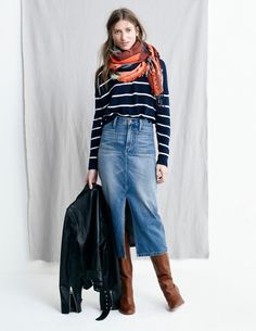 Transeasonal Outfits, Madewell Fall, Styling Clothes, Looks Jeans, Jean Skirts, Moda Denim, Denim Skirt Outfits, Fall Lookbook, Long Denim Skirt