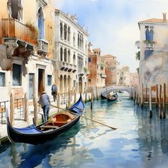 a watercolor painting of a gondola on a canal in venice, italy