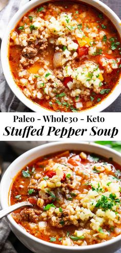 two bowls of paleo wholeso keto stuffed pepper soup