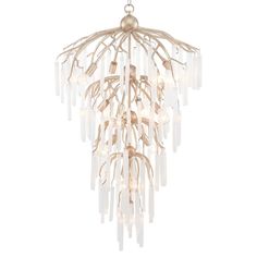 a chandelier with white lights hanging from the ceiling