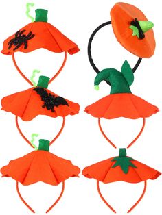 four orange hats with green leaves and black bugs on them, one is made out of felt