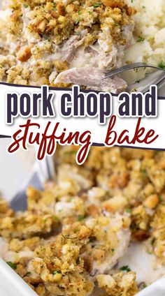 pork chop and stuffing bake in a white casserole dish with text overlay