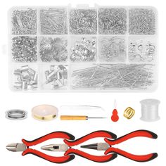 the tools needed for making beading are shown in plastic cases, including pliers and pins