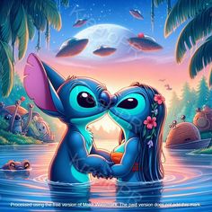 an animated movie poster with stitch and stitch characters in the water, surrounded by palm trees