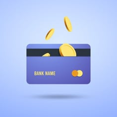 a purple bank card with gold coins coming out of the front and bottom, on a blue background