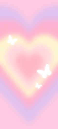 a pink heart with two white birds flying in the air and some light colored clouds