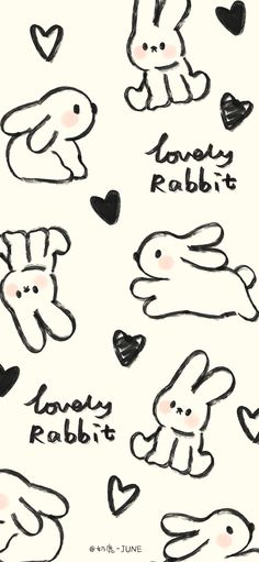 some black and white drawings on a white background with hearts, bunnies and rabbits