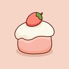 a piece of cake with white frosting and a strawberry on top, sitting on a pink background