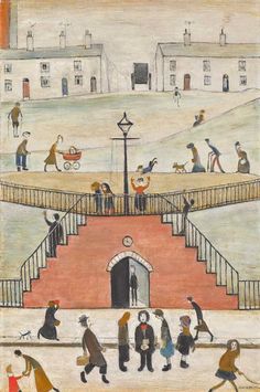 a painting with people walking up and down the stairs