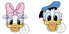 two cartoon heads with bows on their head and one is wearing a blue hat, the other