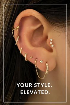 a woman with ear piercings that says, you're style elevated