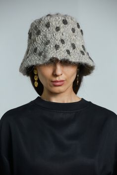 Gray bucket hat in polka dots handmade from wool Style wool hand made bucket hat will protect your head from cold winter. This trendy hats is very warm, soft and comfortable to wear. The best decision for fall-winter season in 2020-2021. SIZE: S-M (56-57 cm) in stock M-L (58-59 cm)Custom Made L-XL (60-61 cm)Custom Made Custom Made design is made after a base pattern, similar to ready-to-wear. Note that it will take our team 10 - 15 days to make your product, so remember to add this to the delive Art Deco Hats, Bucket Hat Style, Fall Hat, Mode Turban, Trendy Hat, Fall Hats, Elegant Hats, Crochet Wool, Unique Hats