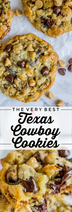 the very best texas cowboy cookies are made with chocolate chips, almonds and pecans