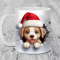 a coffee mug with a dog wearing a santa hat