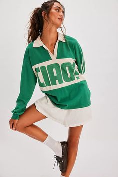 Ciao Rugby Polo | Free People Rugby Top Outfit Women, Styling Polo Shirts Women, Lacoste Polo Shirt Women Outfit, Long Sleeve Graphic Tees Outfit, Rugby Shirt Outfit, Classic Athleisure, Rugby Tee, Cool Merch, Elevated Faith