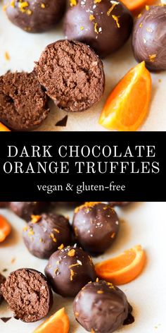 chocolate orange truffles on a plate with an orange slice in the foreground and text overlay that reads dark chocolate orange truffles vegan & gluten - free