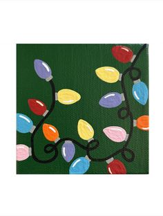 a painting of christmas lights on a green background