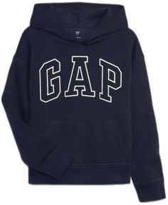 Casual Gap Sweats For Fall, Gap Sporty Sweatshirt For Fall, Casual Gap Tops With Ribbed Cuffs, Casual Ribbed Cuff Tops By Gap, Collegiate Long Sleeve Hoodie With Logo Print, Gap Cotton Sweatshirt For Fall, Gap Hooded Hoodie For Streetwear, Cotton Varsity Hoodie With Adjustable Hood, Gap Hoodie With Adjustable Hood For Streetwear