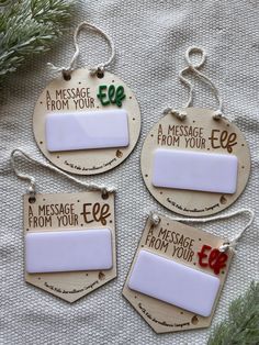 three wooden christmas tags with message on them