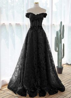 A-line Black Off Shoulder Long Lace Party Dress, Off Shoulder Prom Dress Long Black Evening Dress, Party Dress Black, Lace Party Dress, Beaded Party Dress, Floral Dress Formal, Floor Length Prom Dresses, Lace Party Dresses, Lace Prom Dress, Blue Evening Dresses