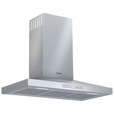 a stainless steel range hood on an isolated white background