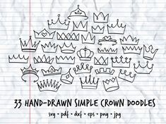 hand drawn crown doodles on lined paper with the words 35 hand - drawn simple crown doodles