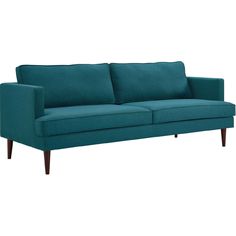 a teal colored couch with wooden legs and arm rests on an isolated white background