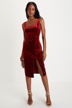 Rust Red Midi Dress - Rust Velvet Dress - Sleeveless Midi Dress - Lulus Sleeveless Velvet Dress, Sleek Jumpsuit, Formal Dress Code, You're The One, Bodycon Midi Skirt, Red Velvet Dress, Lulu Fashion, Rust Dress, Sleeveless Midi Dress