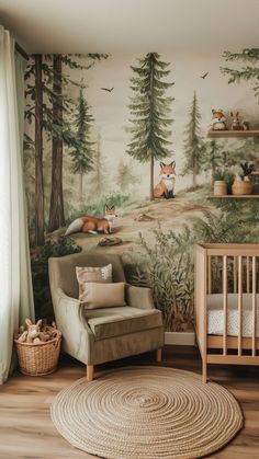 nursery with woodland mural featuring foxes and forest theme Snow White Nursery, Whimsical Nursery Ideas, Liam Nursery, National Park Themed Nursery, Nursery Mural Ideas, Cozy Nursery Ideas, Nursery Ideas Gender Neutral, Woodland Toddler Room, Whimsical Woodland Nursery