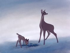 two deer standing next to each other in the snow