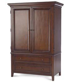 an armoire with two doors and drawers on the bottom, in dark brown wood