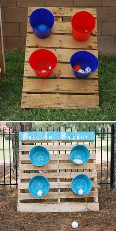 an outdoor game made out of wooden pallets with bowls on top and in the middle