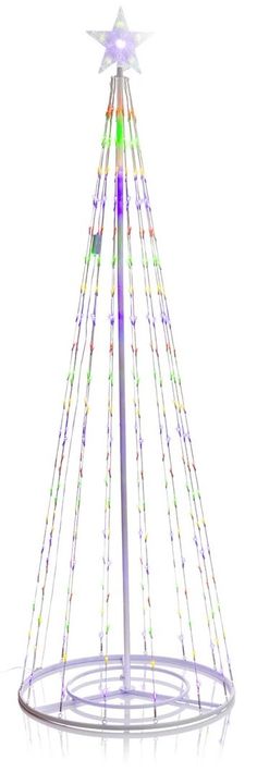 a white christmas tree with multicolored lights on it's top and star decoration