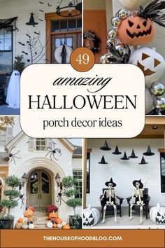 halloween porch decor ideas with pumpkins and jack - o'- lanterns on the front door